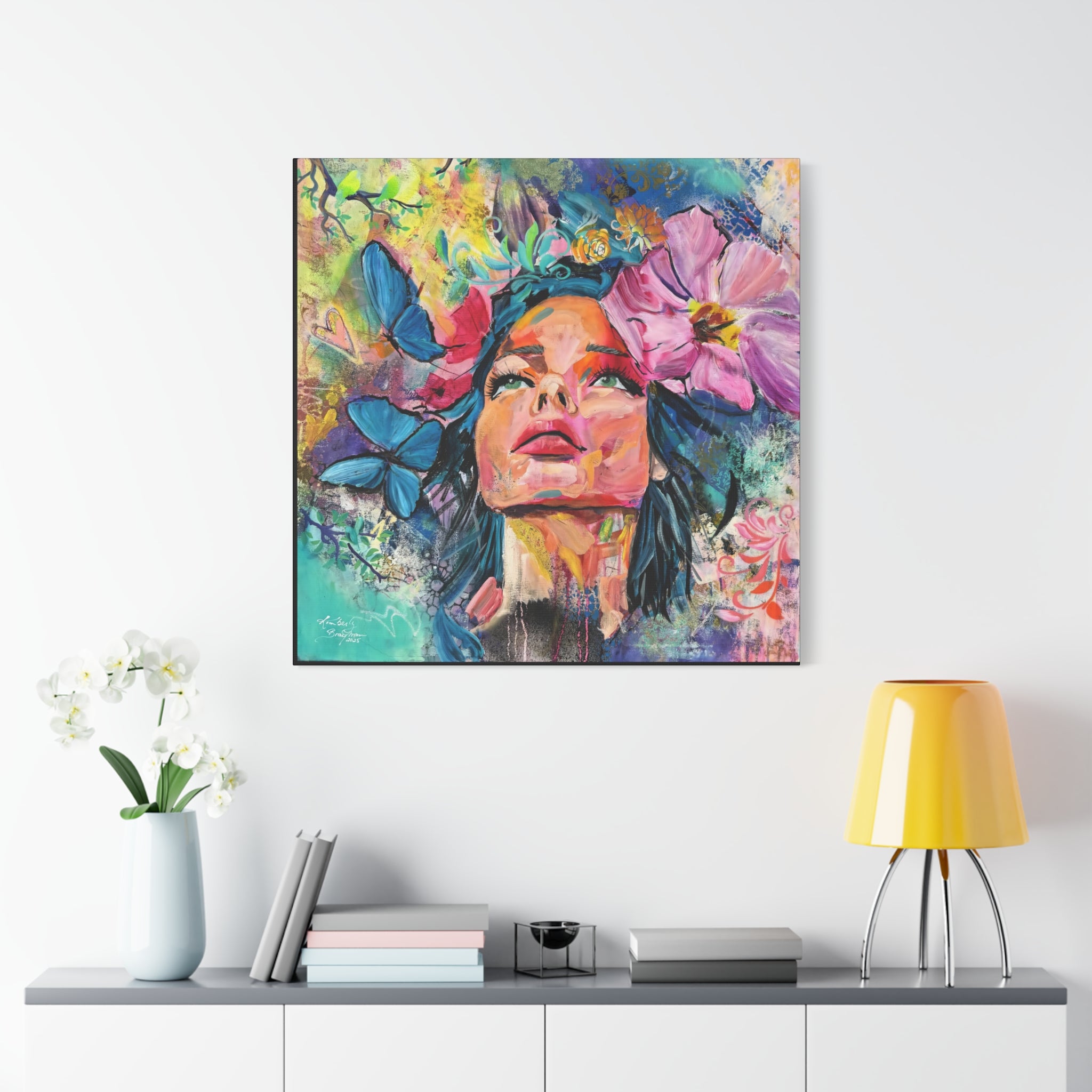 "We're All Dreamers" Colorful Portrait Canvas Wall Art, Inspirational Home Decor, Bohemian Style, Gift for Her, Vivid Butterfly Design