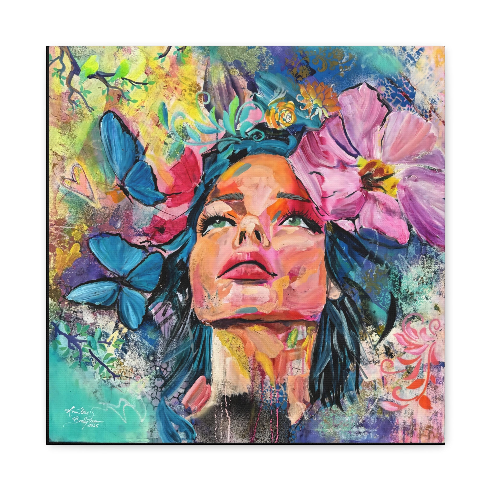 "We're All Dreamers" Colorful Portrait Canvas Wall Art, Inspirational Home Decor, Bohemian Style, Gift for Her, Vivid Butterfly Design