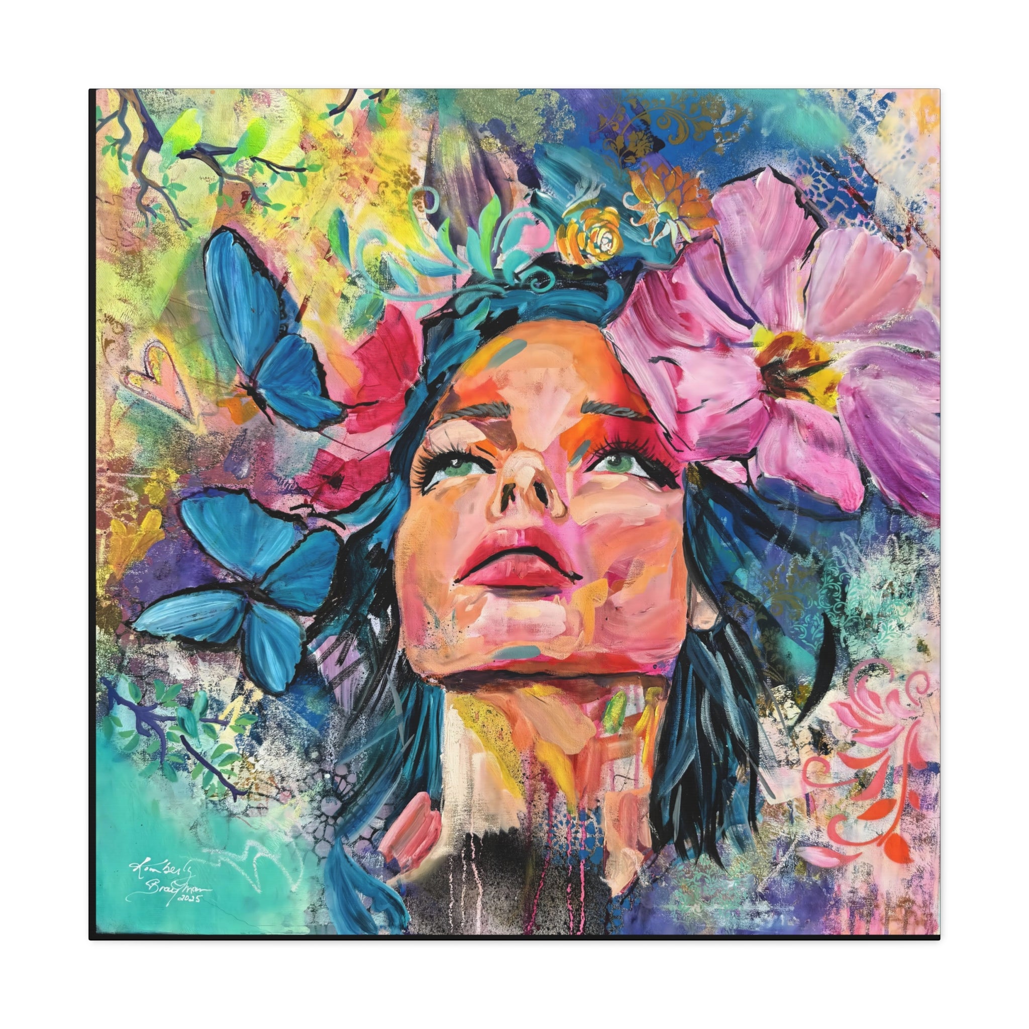 "We're All Dreamers" Colorful Portrait Canvas Wall Art, Inspirational Home Decor, Bohemian Style, Gift for Her, Vivid Butterfly Design