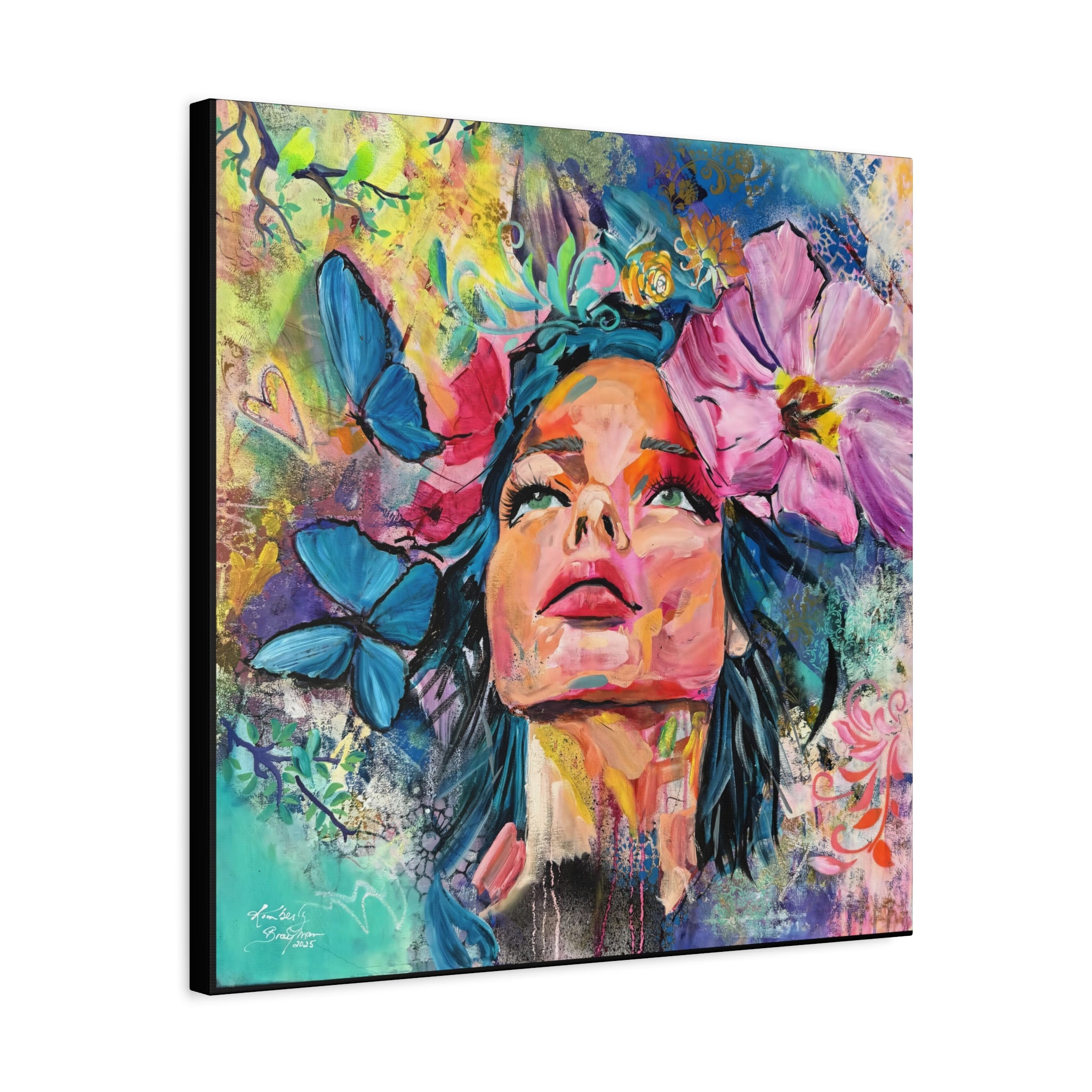 "We're All Dreamers" Colorful Portrait Canvas Wall Art, Inspirational Home Decor, Bohemian Style, Gift for Her, Vivid Butterfly Design
