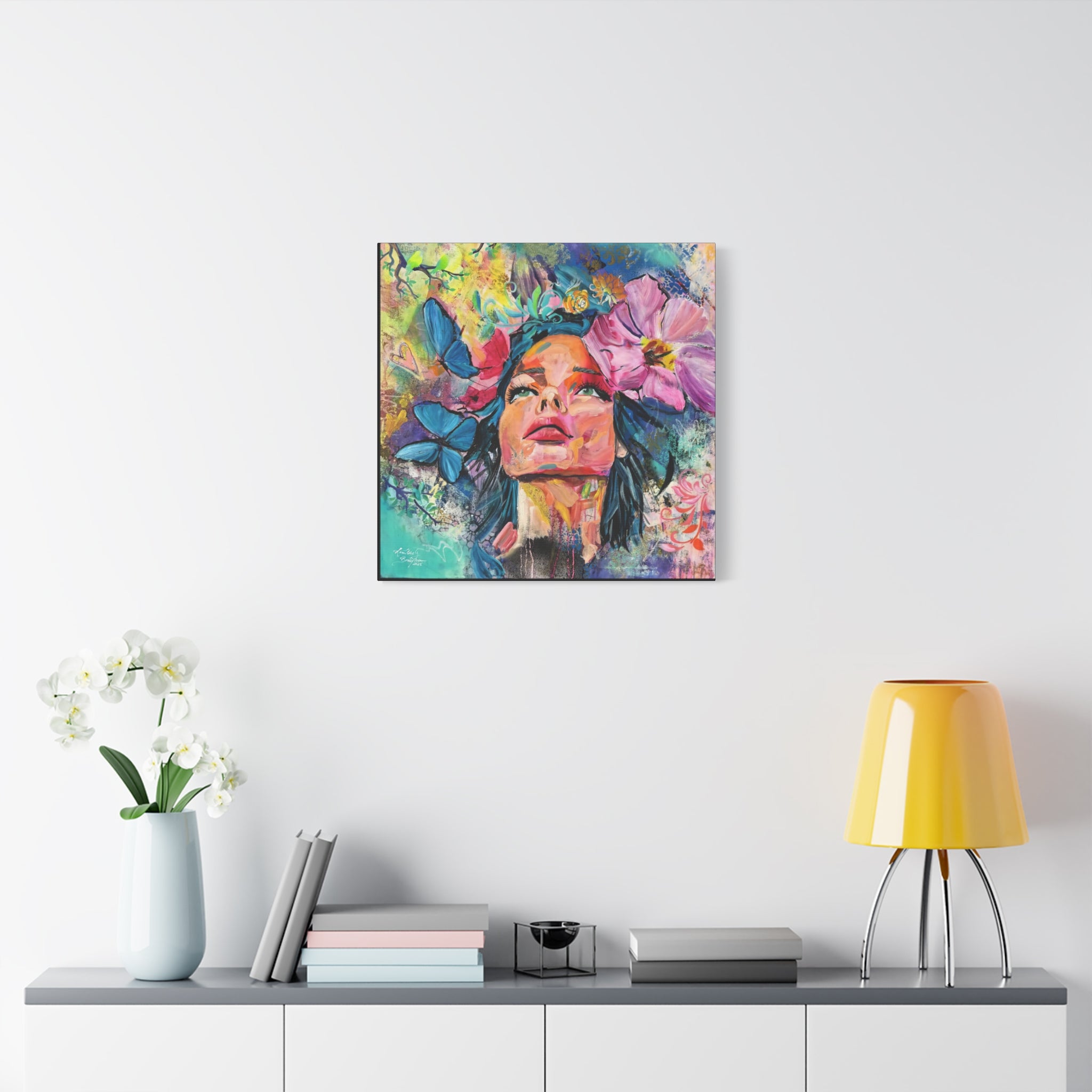"We're All Dreamers" Colorful Portrait Canvas Wall Art, Inspirational Home Decor, Bohemian Style, Gift for Her, Vivid Butterfly Design