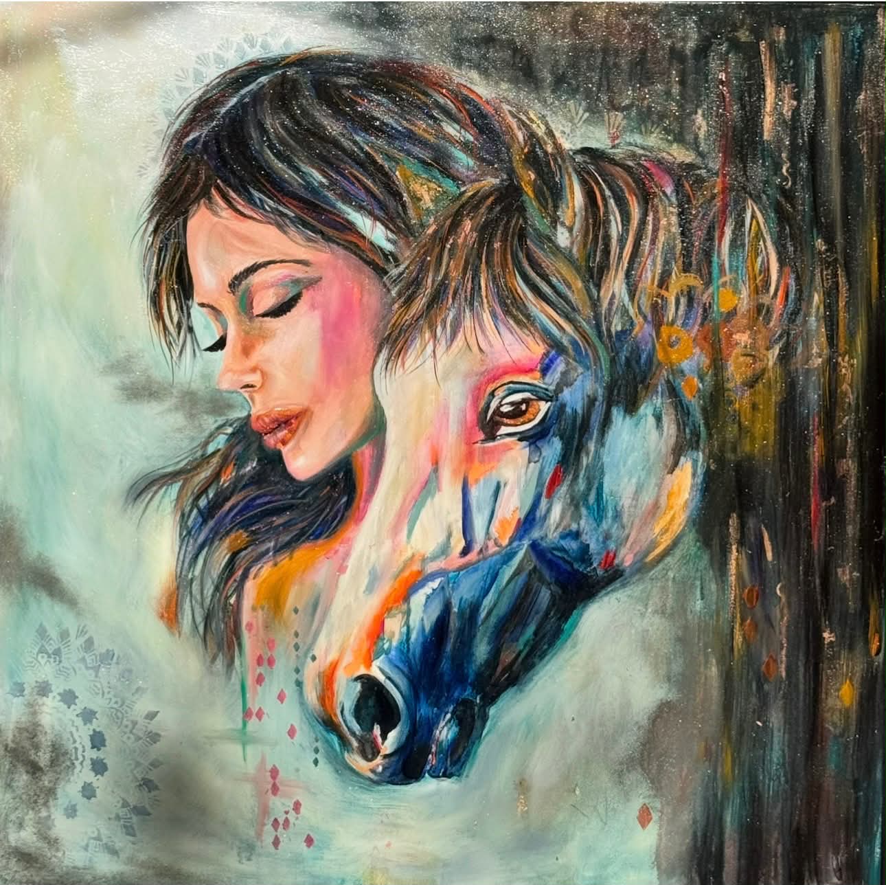 “Horse Dreams” by Kimberly Brayman, contemporary portrait painting of a woman and horse with abstract layers, expressive color, and symbolic connection.
