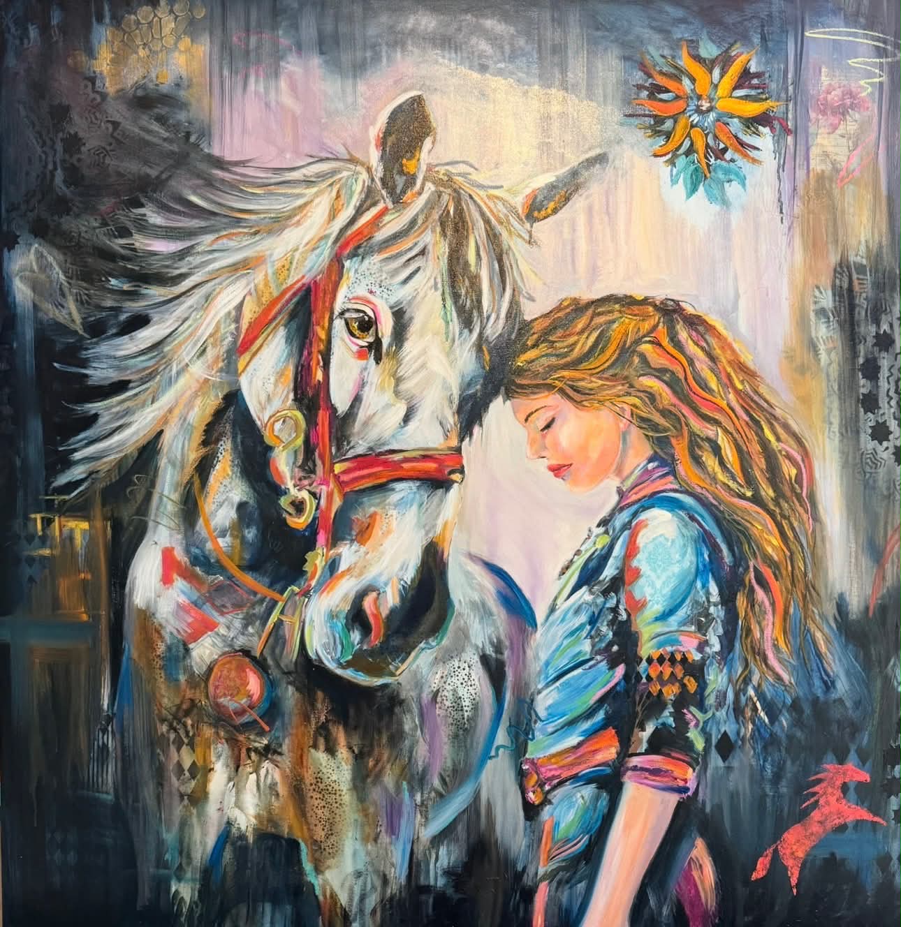 “The Guardian’s Promise” by Kimberly Brayman, contemporary portrait painting of a woman and horse with layered color, abstract textures, and themes of protection and connection.