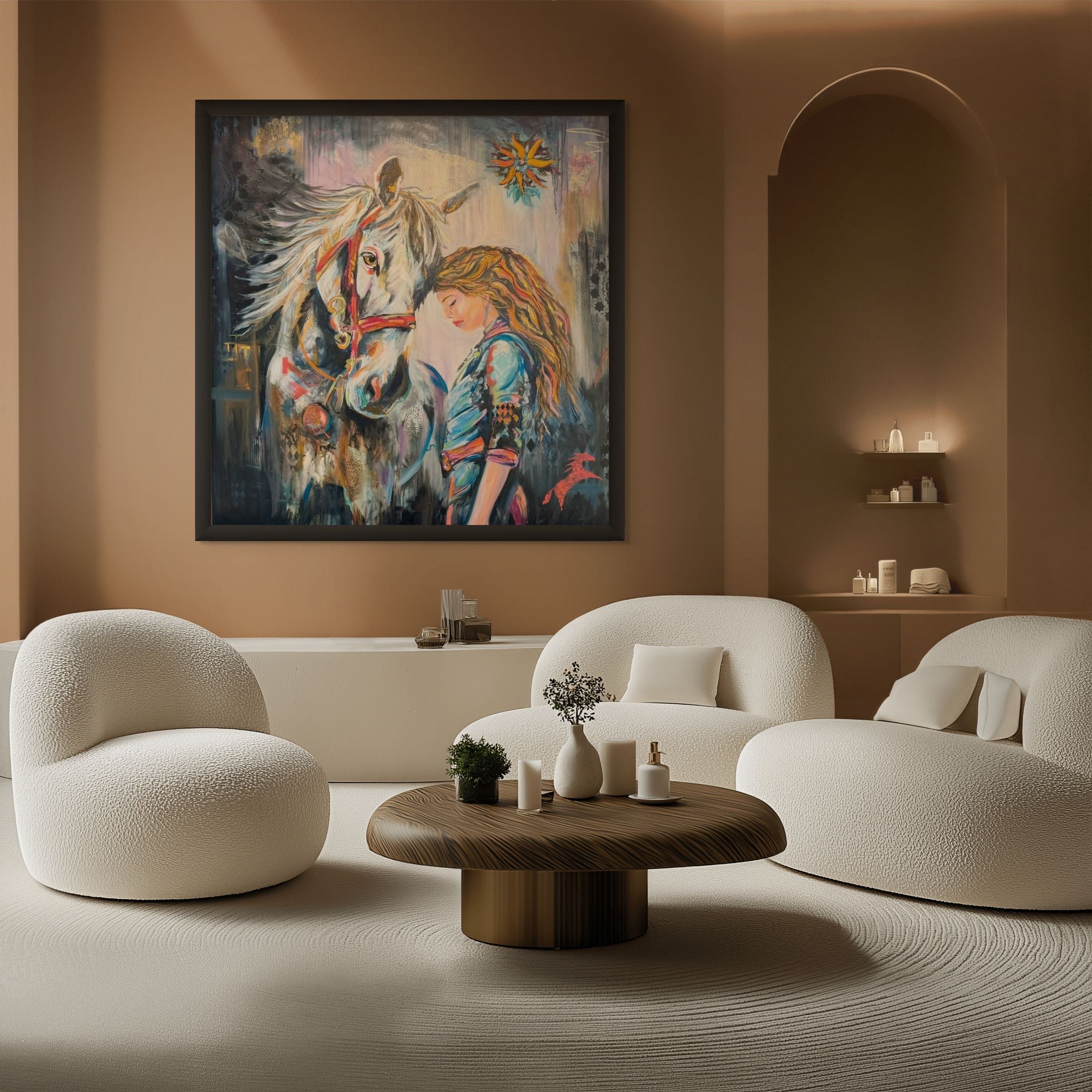 Contemporary figurative portrait painting “The Guardian’s Promise” by Kimberly Brayman displayed in a modern interior, featuring a woman and horse in expressive, symbolic composition.