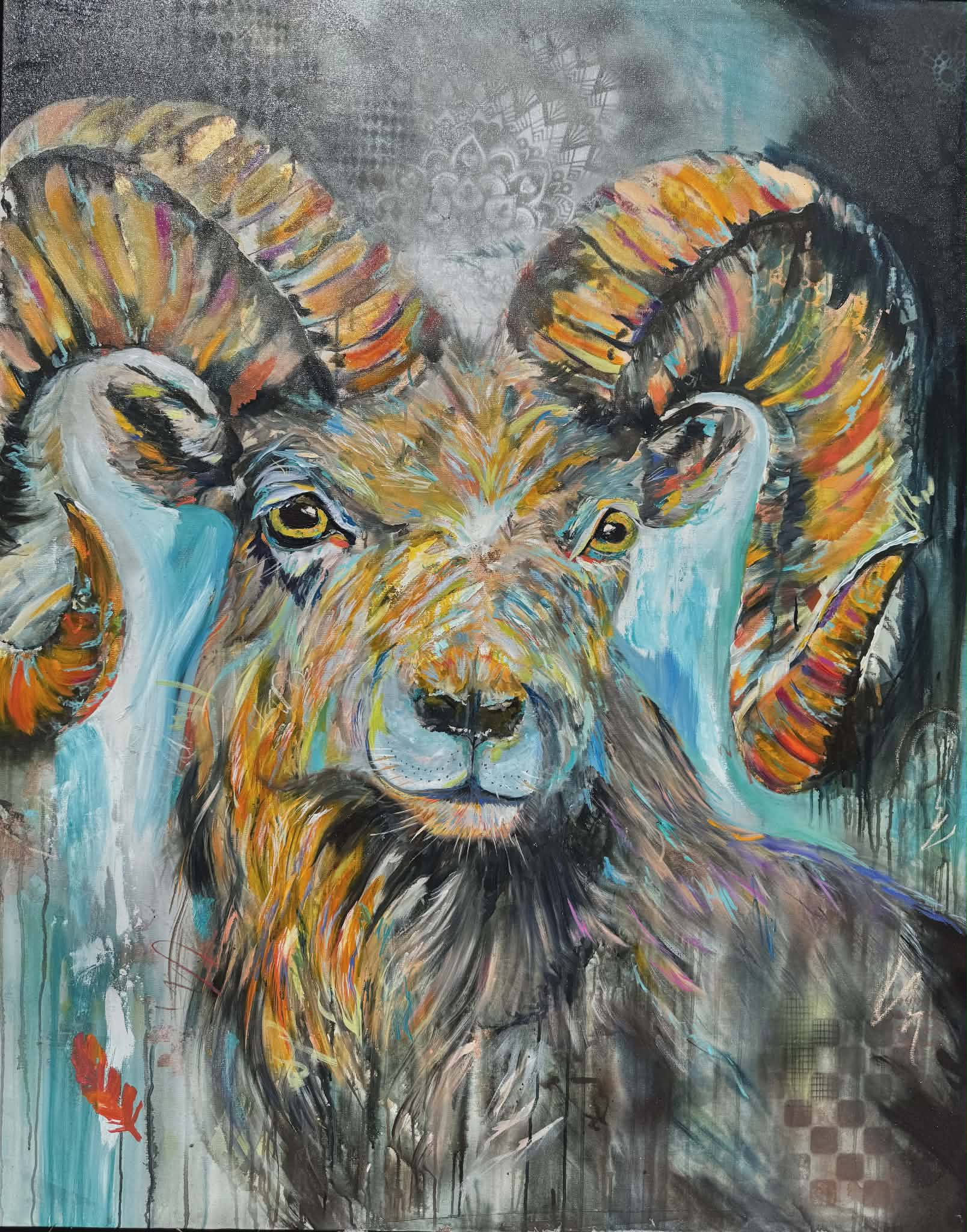 “Watcher of the Canyon” by Kimberly Brayman, contemporary portrait painting of a ram with expressive color, layered textures, and symbolic representation of resilience and watchfulness.