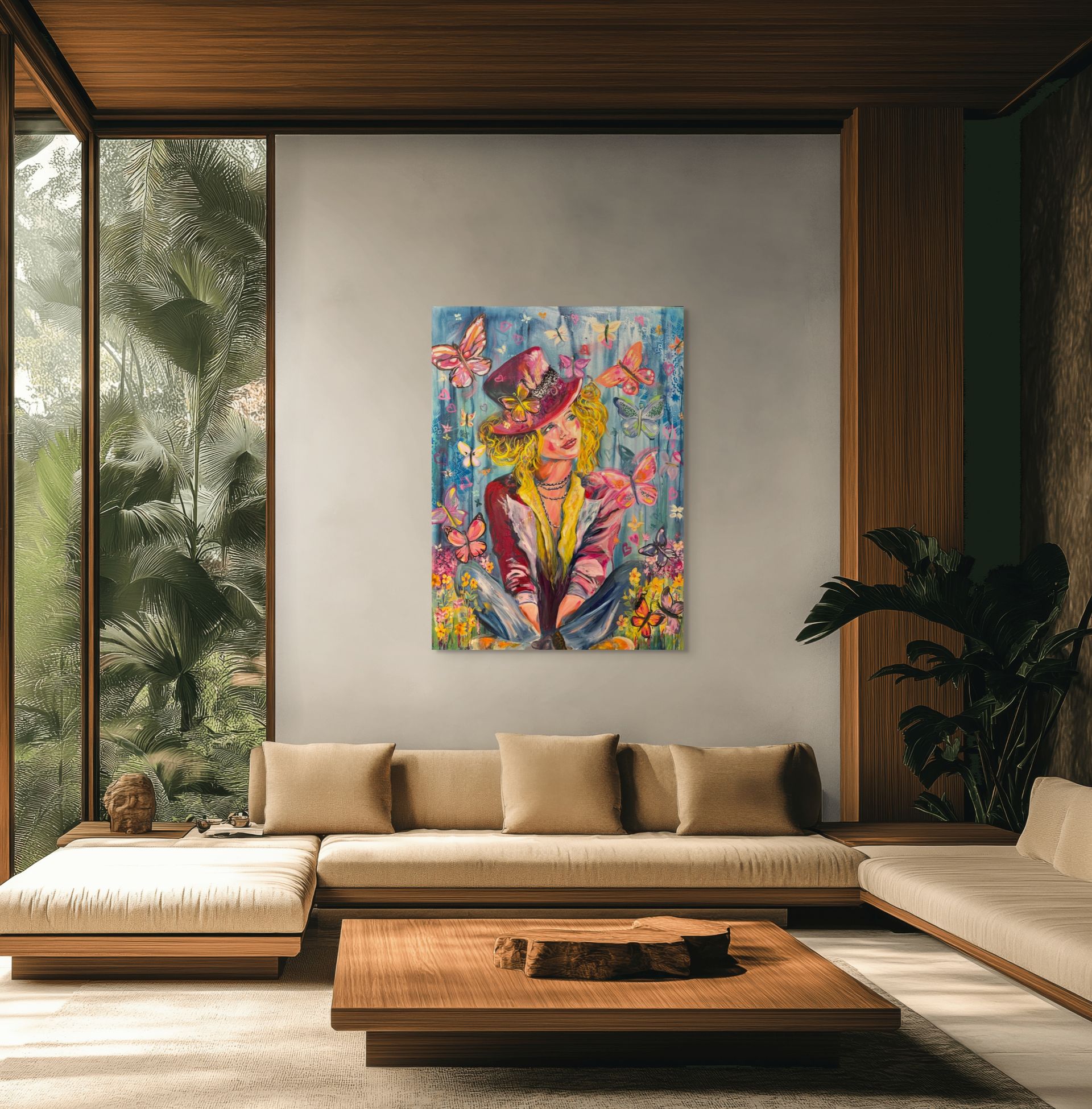 Modern living room with a colorful painting on the wall, a beige sectional sofa, and a wooden coffee table.