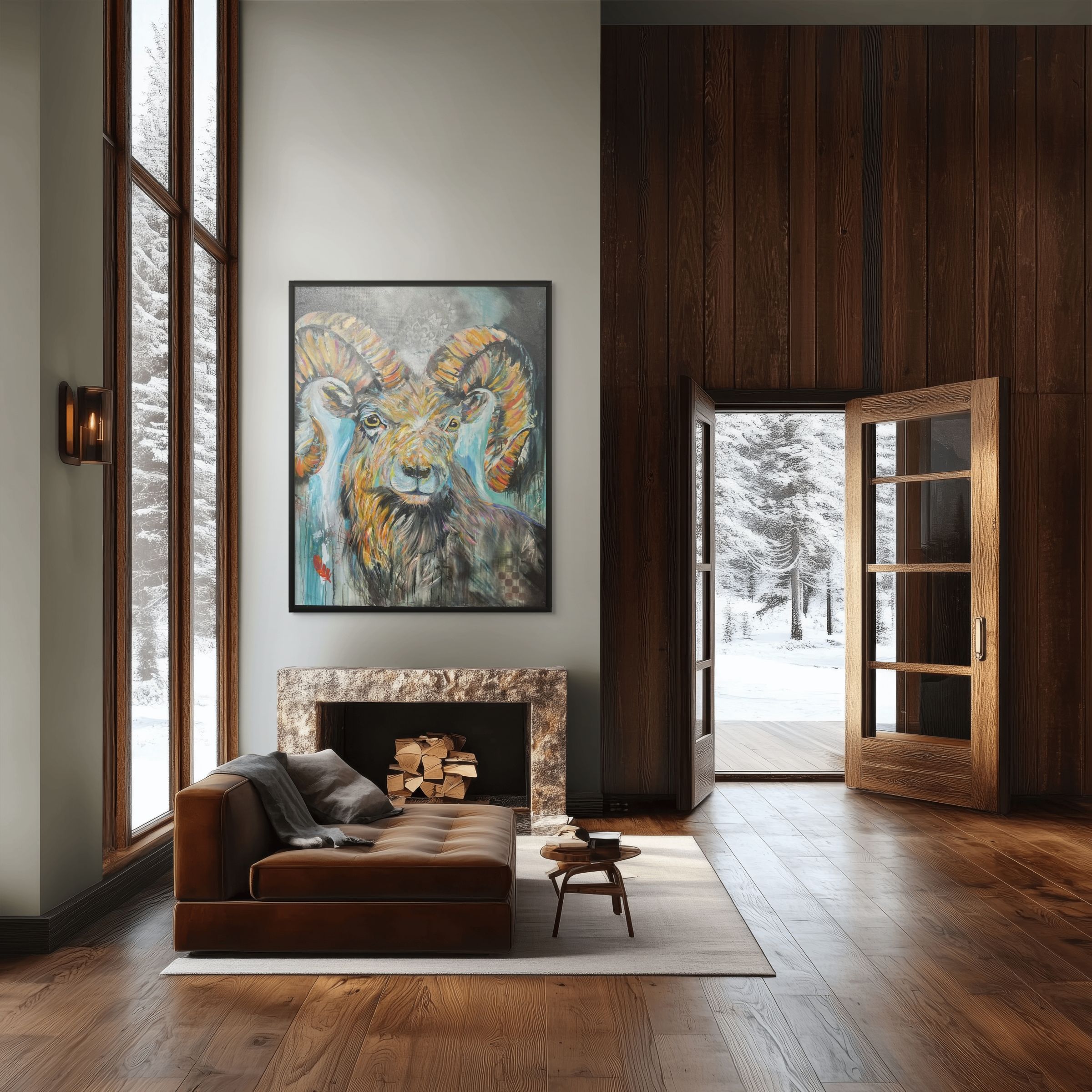 Contemporary figurative portrait painting “Watcher of the Canyon” by Kimberly Brayman displayed in a modern interior, featuring a ram symbolizing strength and resilience in the Southwest.